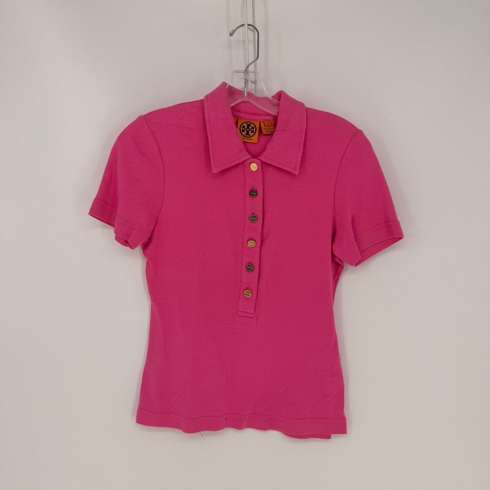 Tory Burch Polo Shirt Womens Medium Pink Gold Logo Button Preppy Barbie Office